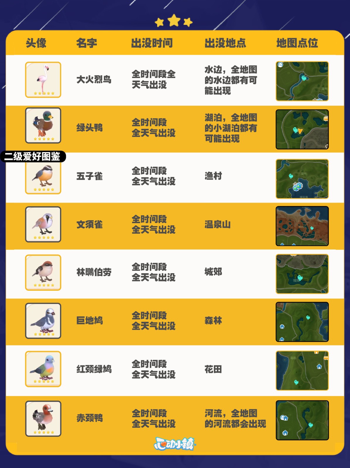 《心动小镇》观鸟攻略图鉴及拍照技巧