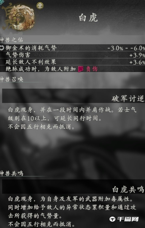 《卧龙苍天陨落》神兽白虎属性技能一览