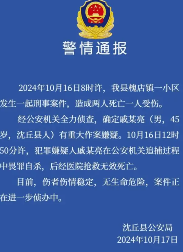 河南周口发生杀人案嫌疑人被抓，致2死1伤